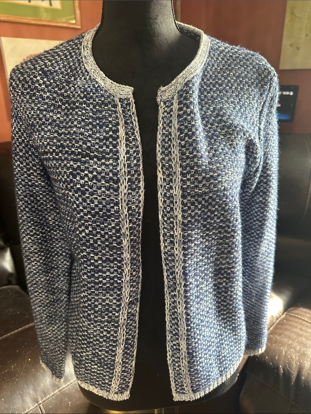 Elle Blue and White Open-Front Knit Cardigan